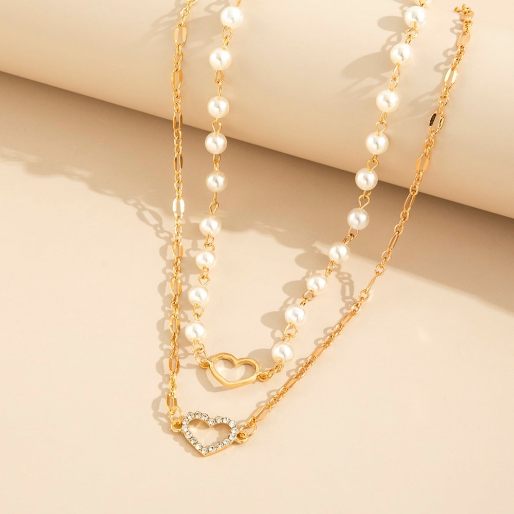 Boho Gold Tone Multilayer Faux Pearl Heart Necklace - Picture 4 of 4